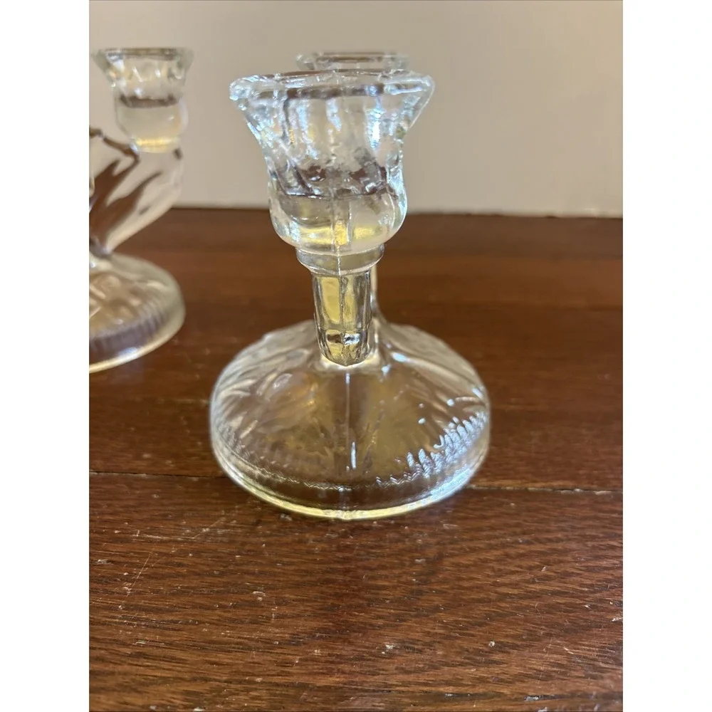 Jeanette Glass Iris and Herringbone‎ Set of 2 Double Candlestick Holders Vintage